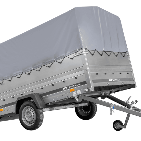 UNITRAILER Garden Trailer 265 KIPP – PKW-Anhänger 264,3 × 149,9 cm – 750 kg – Einachser – 80 cm hohe graue Plane – Zusatzbordwände: zusätzliche Vollwand-Stahlbordwände – Ansicht 1