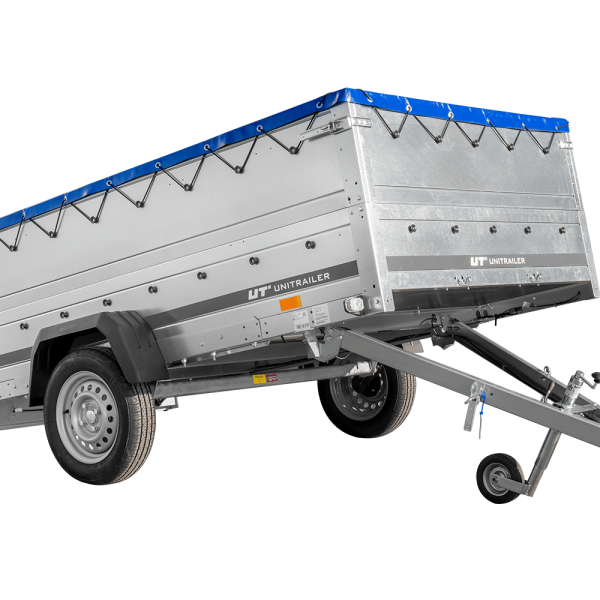UNITRAILER Garden Trailer 265 KIPP – PKW-Anhänger 264,3 × 149,9 cm – 750 kg – Einachser – flache blaue Plane – Zusatzbordwände: zusätzliche Vollwand-Stahlbordwände – mit Flachplanenträger – Ansicht 1