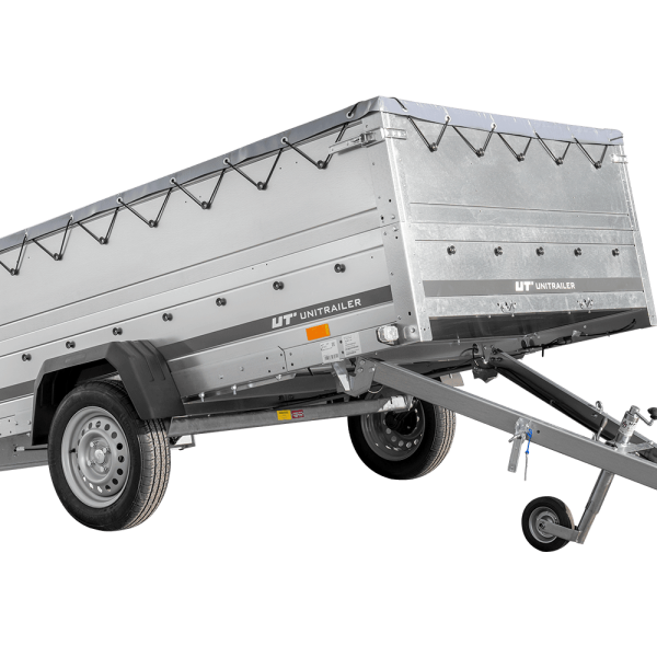 UNITRAILER Garden Trailer 265 KIPP – PKW-Anhänger 264,3 × 149,9 cm – 750 kg – Einachser – flache graue Plane – Zusatzbordwände: zusätzliche Vollwand-Stahlbordwände – mit Flachplanenträger – Ansicht 1