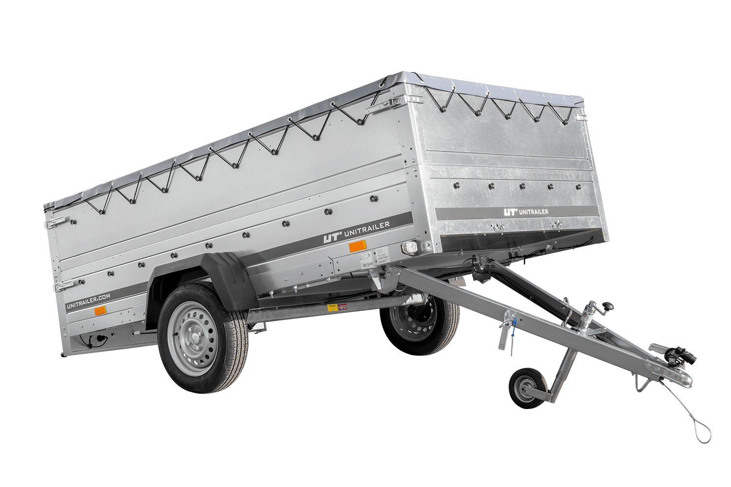 UNITRAILER Garden Trailer 265 KIPP – PKW-Anhänger 264,3 × 149,9 cm – 750 kg – Einachser – flache graue Plane – Zusatzbordwände: zusätzliche Vollwand-Stahlbordwände – mit Flachplanenträger – Ansicht 1