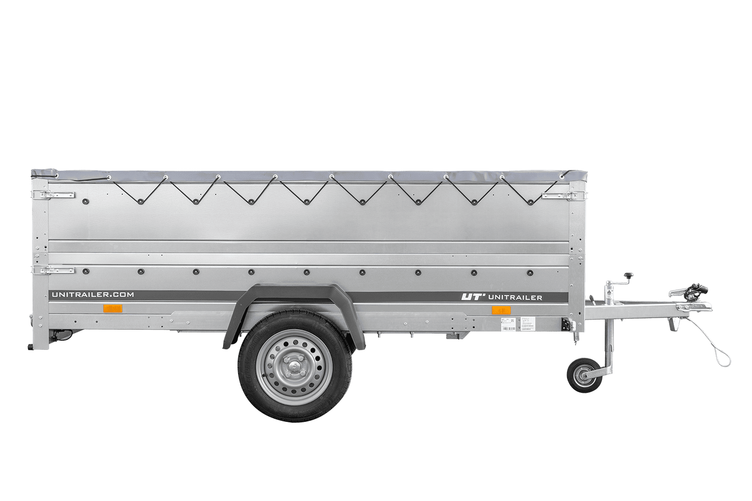 UNITRAILER Garden Trailer 265 KIPP – PKW-Anhänger 264,3 × 149,9 cm – 750 kg – Einachser – flache graue Plane – Zusatzbordwände: zusätzliche Vollwand-Stahlbordwände – mit Flachplanenträger – Ansicht 3