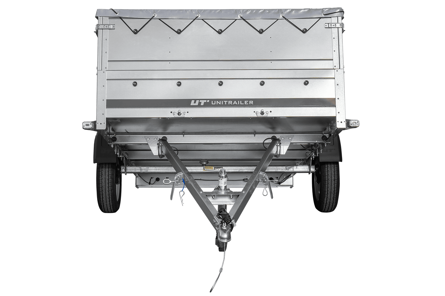 UNITRAILER Garden Trailer 265 KIPP – PKW-Anhänger 264,3 × 149,9 cm – 750 kg – Einachser – flache graue Plane – Zusatzbordwände: zusätzliche Vollwand-Stahlbordwände – mit Flachplanenträger – Ansicht 4
