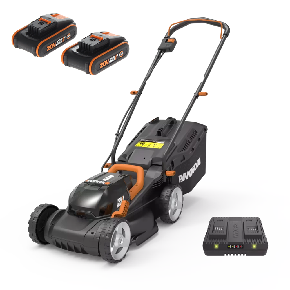 Worx WG779E Akku-Rasenmäher – 34 cm Schnittbreite – zum Schieben – mit Fangkorb – Ansicht 1